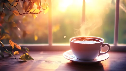 Backlit ceramic coffee cup emits steam in soft sunrise bokeh glow