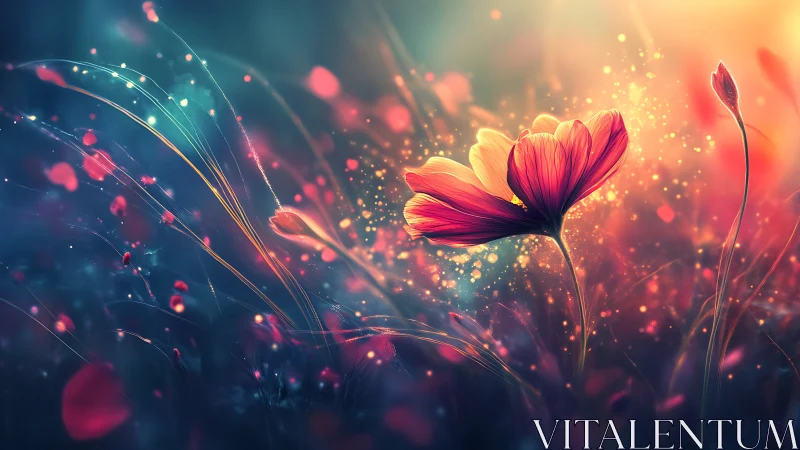 Luminous Floral Bloom with Particle Dispersion in Chromatic Gradient