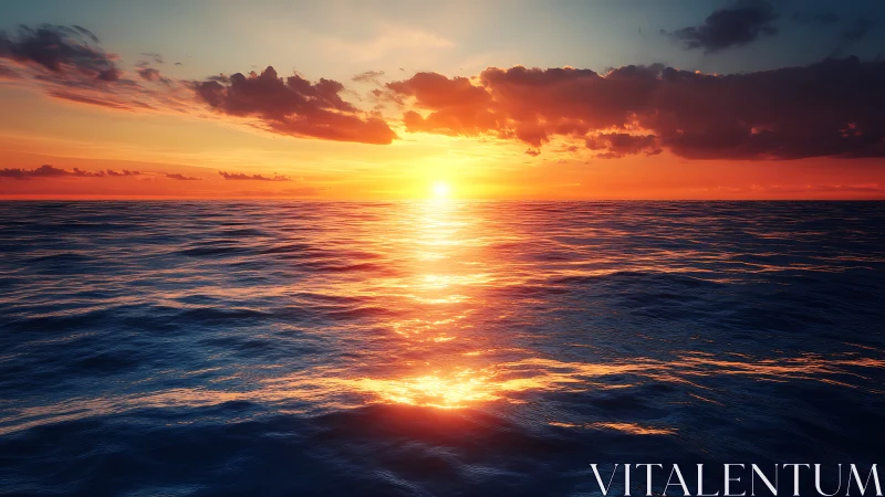 Calm ocean horizon under vivid orange sunset light.