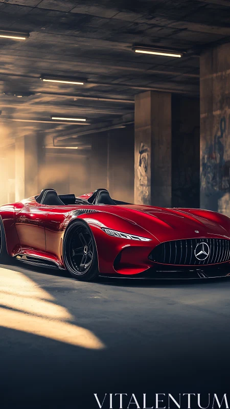 Sleek red roadster glides through warm urban tunnel light