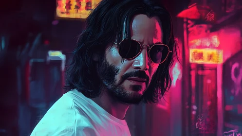 Digital portrait of long-haired man in neon street setting
