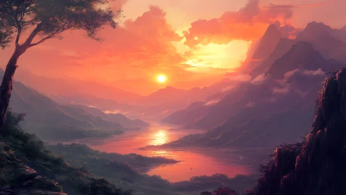 Radiant mountain sunset over tranquil misty valley lake.