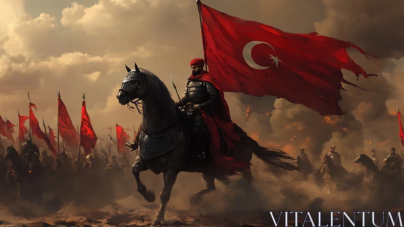 Digital painting of Ottoman cavalry charge with battle standard.