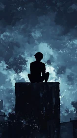 Silhouette of lone figure on rooftop against moody night sky.
