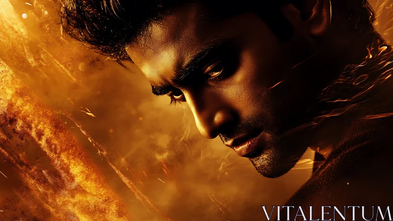 Side-lit male portrait immersed in fiery particulate atmosphere