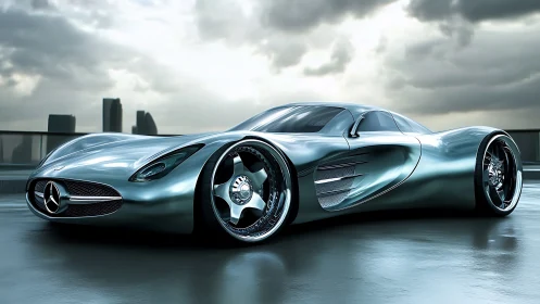 Sculpted silver supercar under stormy urban skyline.