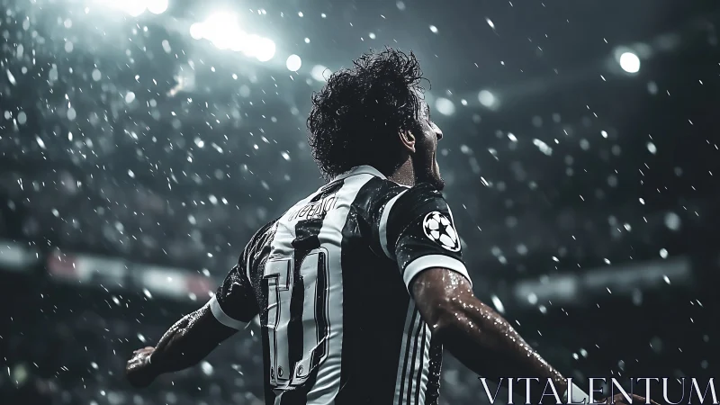 Soccer player celebrates in heavy rain under stadium lights