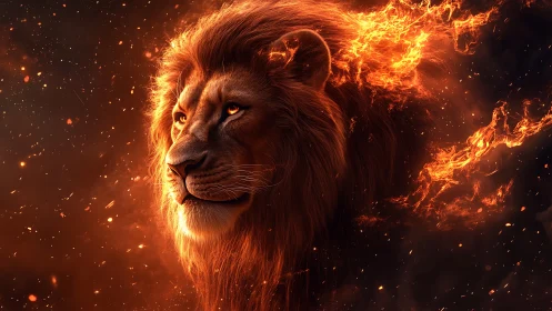 Lion head portrait enveloped in flowing orange flames.