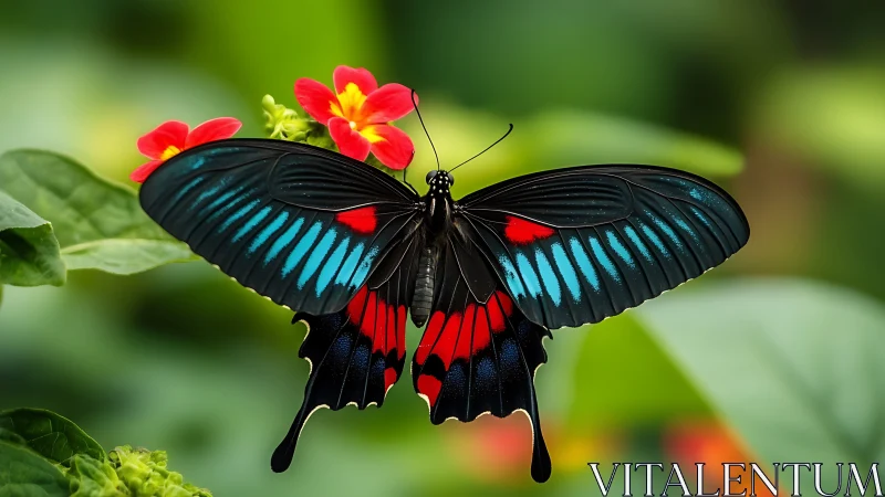 Macro study of iridescent black butterfly on red blossoms