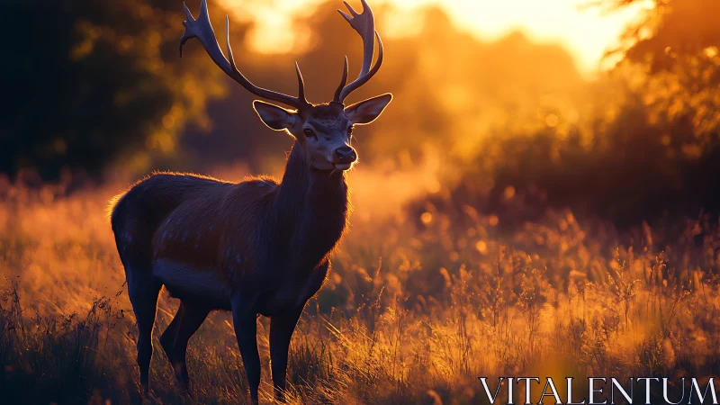 Stag in backlit grassland under low warm evening light.
