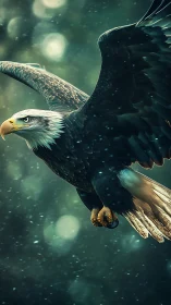 Eagle soars through teal bokeh sky, wings sharp, eyes locked.