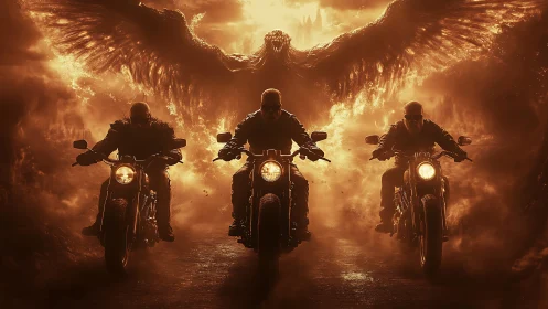 Apocalyptic biker trio under infernal winged demon canopy.