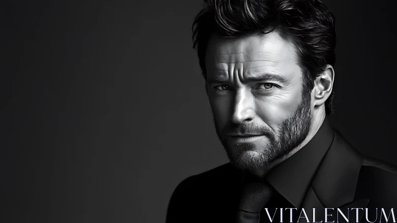 Intense bearded man in monochrome studio portrait lighting.