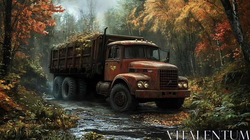 Rusty logging truck in misty autumn forest creek bed.