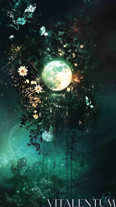 Luminous moon encircled by floral and abstract forms.