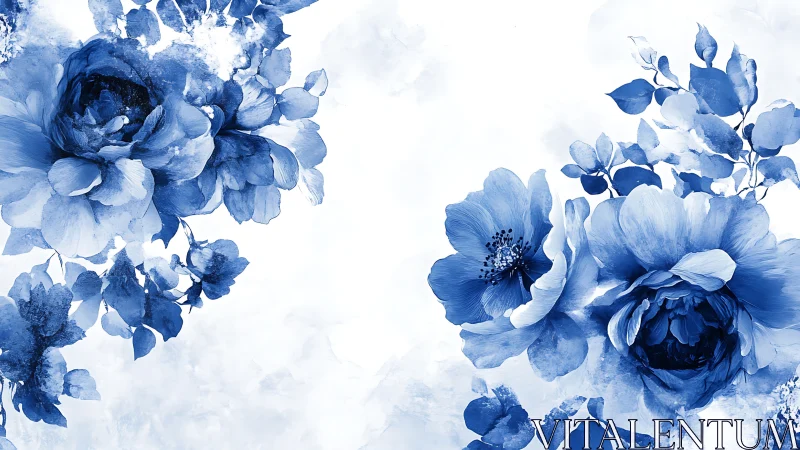 Blue floral composition with botanical elements on white background.