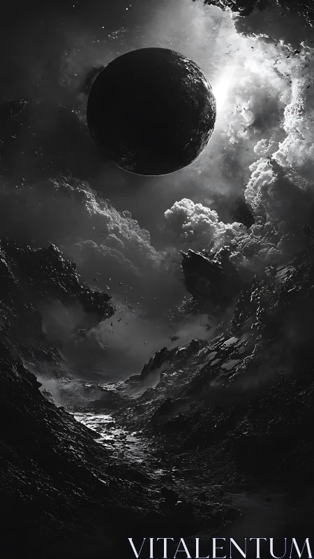 Dark planet above storm carved abyss in monochrome void.