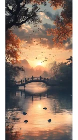 Autumn bridge reflects in tranquil lake at glowing sunset.