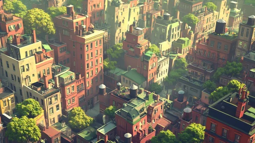 Sunlit rooftop gardens crown a dense brick cityscape.