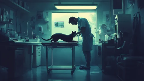 Veterinarian silhouette with cat under cyan clinical backlight.