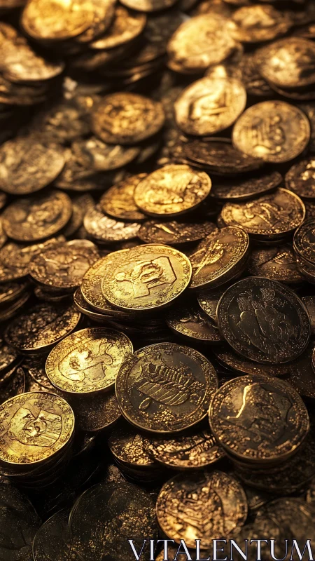 Specular macro study of dense golden coin topography.