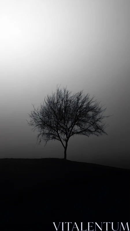 Monochrome minimalist tree silhouette on fog-drenched hillside.