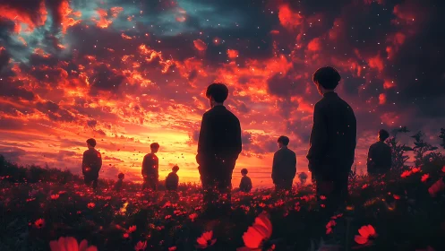 Silhouetted figures observe volumetric crimson sunset over poppy field