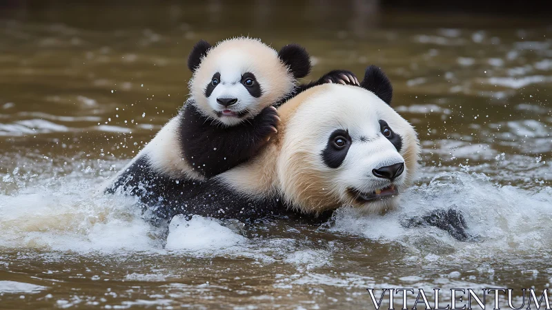Playful panda cub rides on mother through splashing river