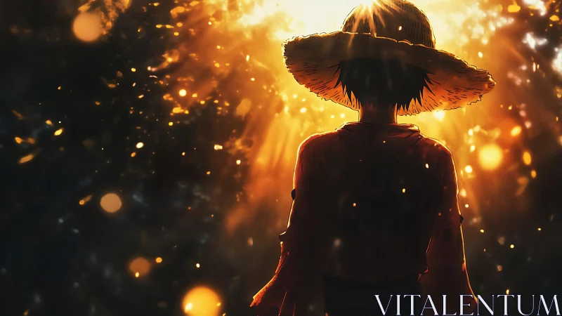 Silhouetted straw hat figure stands under intense golden light
