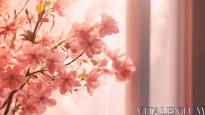 Coral Cherry Blossoms Dancing Through Soft Afternoon Light.