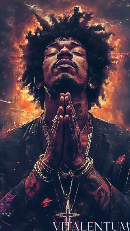 Soulful prayer bathed in firelit color and quiet strength.