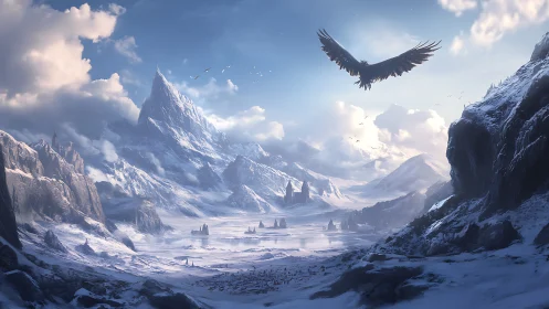 Skyborne sentinel circles above a vast frozen kingdom