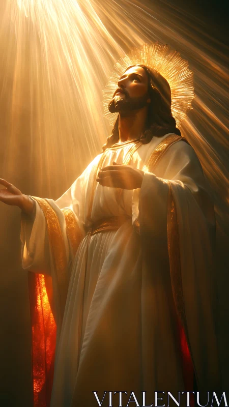 Radiant robed figure in golden volumetric divine light