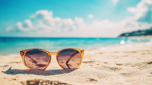 Amber sunglasses on sunlit beach with turquoise ocean.