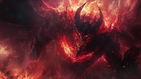 Infernal horned demon emerging from swirling cosmic fire.