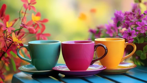 Chromatic ceramic teacups aligned amid floral bokeh field.