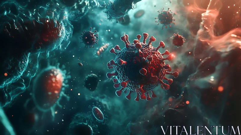 Viral pathogen macro visualization in teal and red bokeh field.