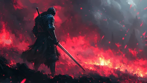 Digital painting of armored knight over apocalyptic firestorm.