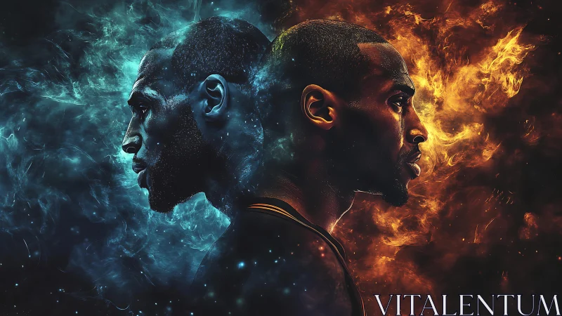 Dual flame athletes carved from cosmic ice and fire light.