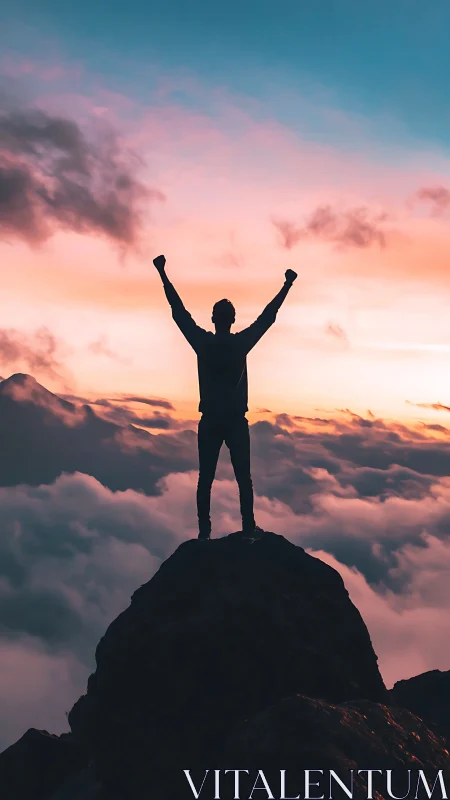 Silhouette stands on mountain peak above clouds at sunrise