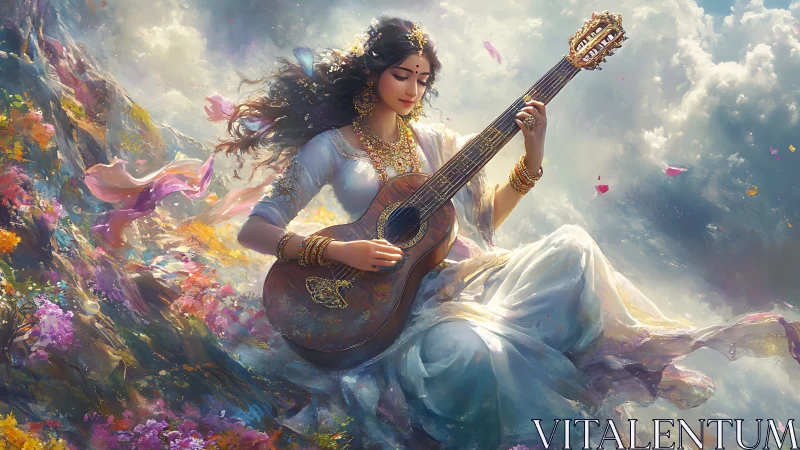 Celestial musician plays ornate guitar amid luminous clouds.