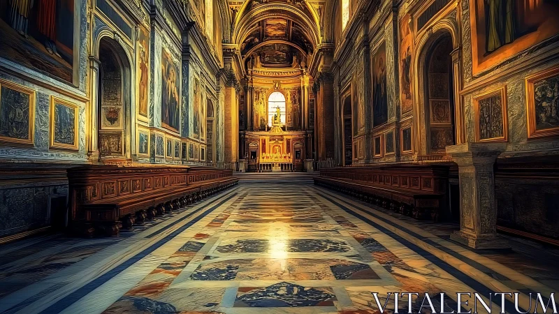 Digital painting of baroque cathedral nave with luminous altar.