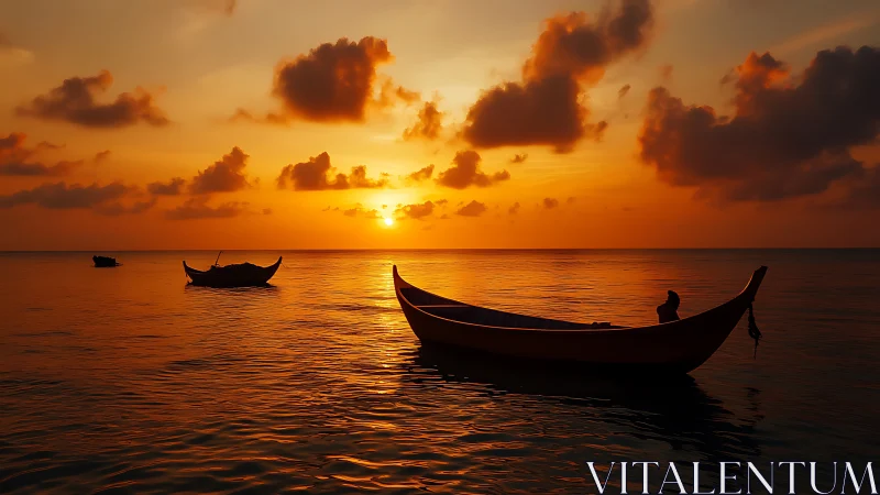 Sunset-drunk wooden boats drift slowly across molten sea