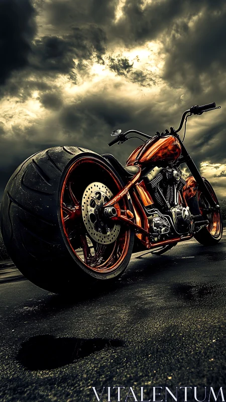 Custom low-angle motorcycle stands under dramatic storm clouds