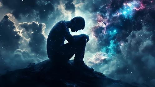 Stargazer curls inward while galaxies whisper around him