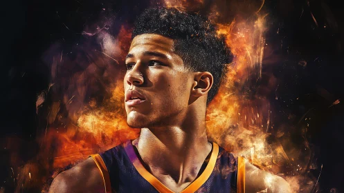 Basketball player portrait rendered with intense fiery effects