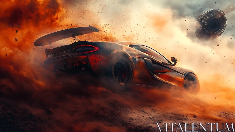 Supercar powers through fiery dust as UFO hovers above.