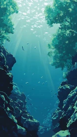 Underwater canyon shows fish, rock walls and surface light