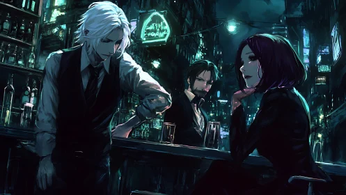 Moody trio gather in neon-soaked cyberpunk cocktail bar.
