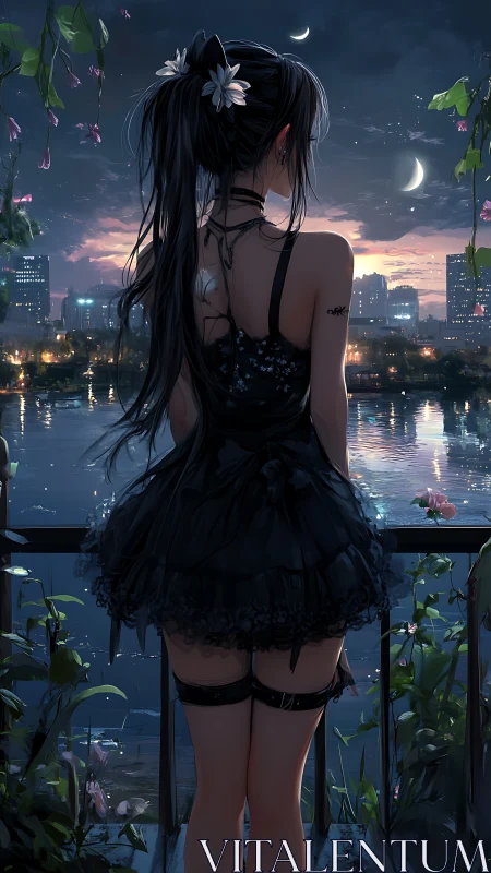 Woman in black dress facing night city over riverside balcony.